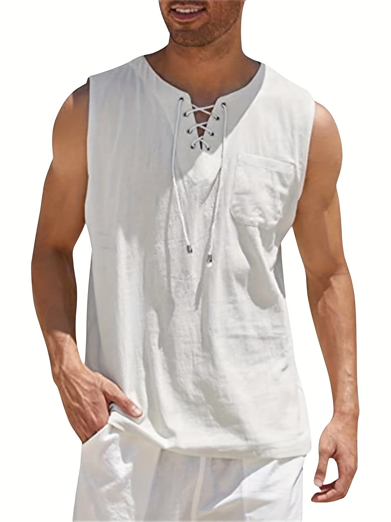 Morten | Katoenen linnen mouwloze V-hals tanktop voor heren - lichtgewicht zomershirt