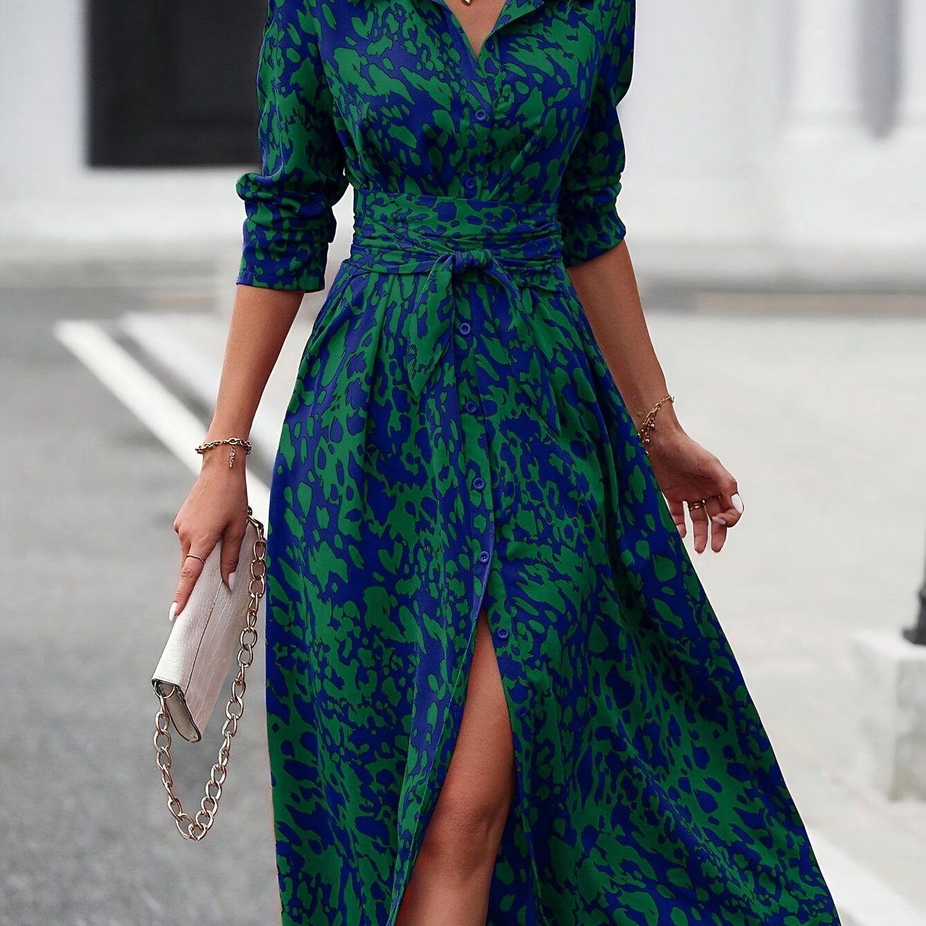 Solvita | Elegante overhemdjurk met geometrische print - Midi tuniek met tailleband