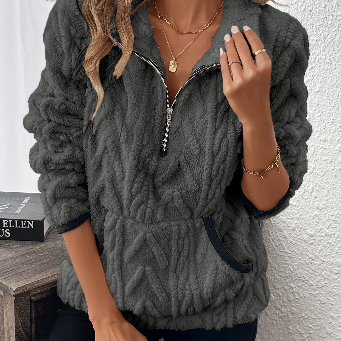 Evodia | Dames sweatshirt met pluizige stof, pullover met halve ritssluiting, casual comfortabele top met lange mouwen