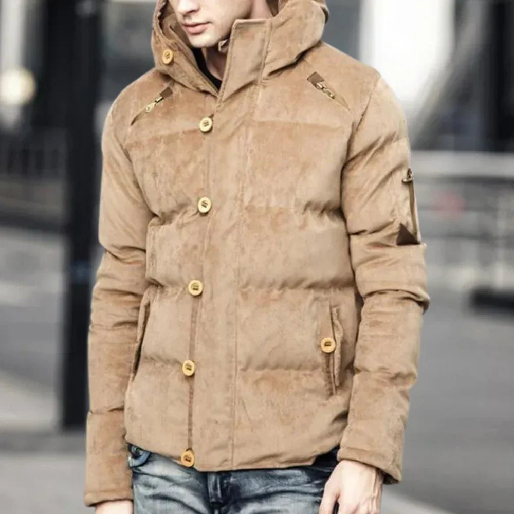 Hadron | Dikke gewatteerde herenjas met capuchon - warme parka in suède-look, geïsoleerde winterjas