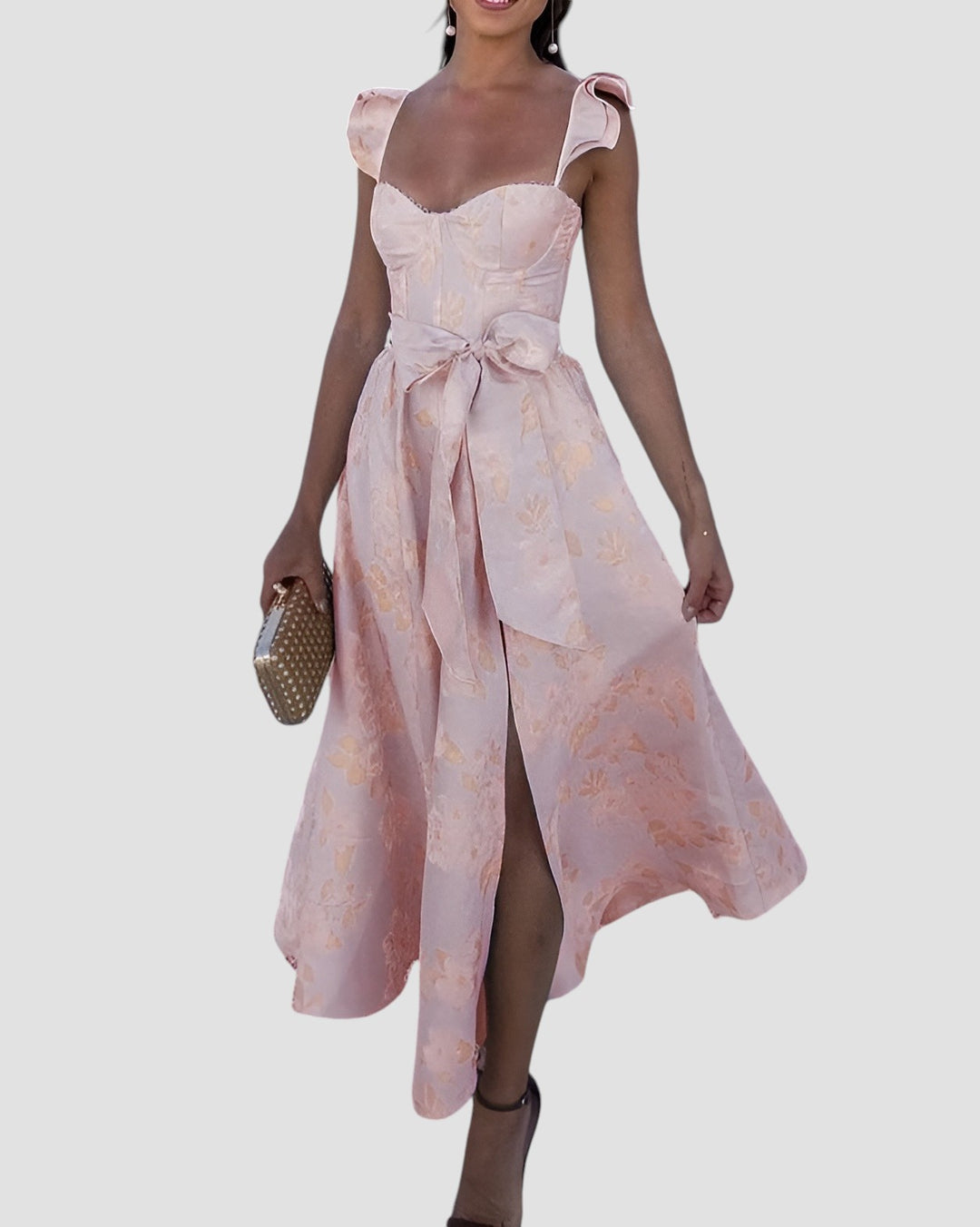 Saela | Elegante Mouwloze Zomerjurk voor Vrouwen - Ruches, Strik Taille, Bloemige Midi Jurk