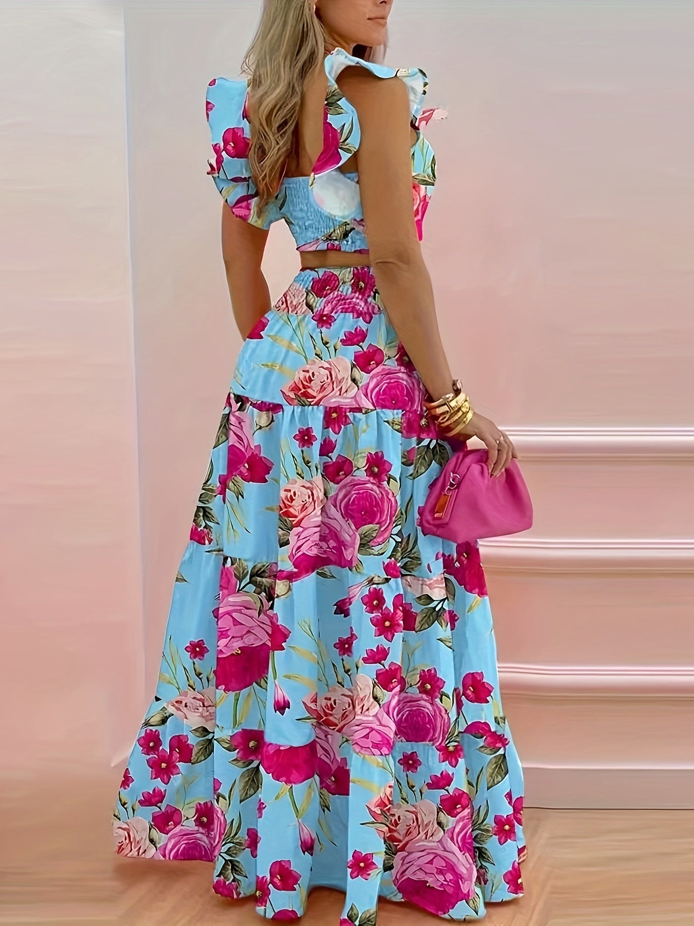 Uletta | Tweedelige set met bloemenprint, top en rok met ruches