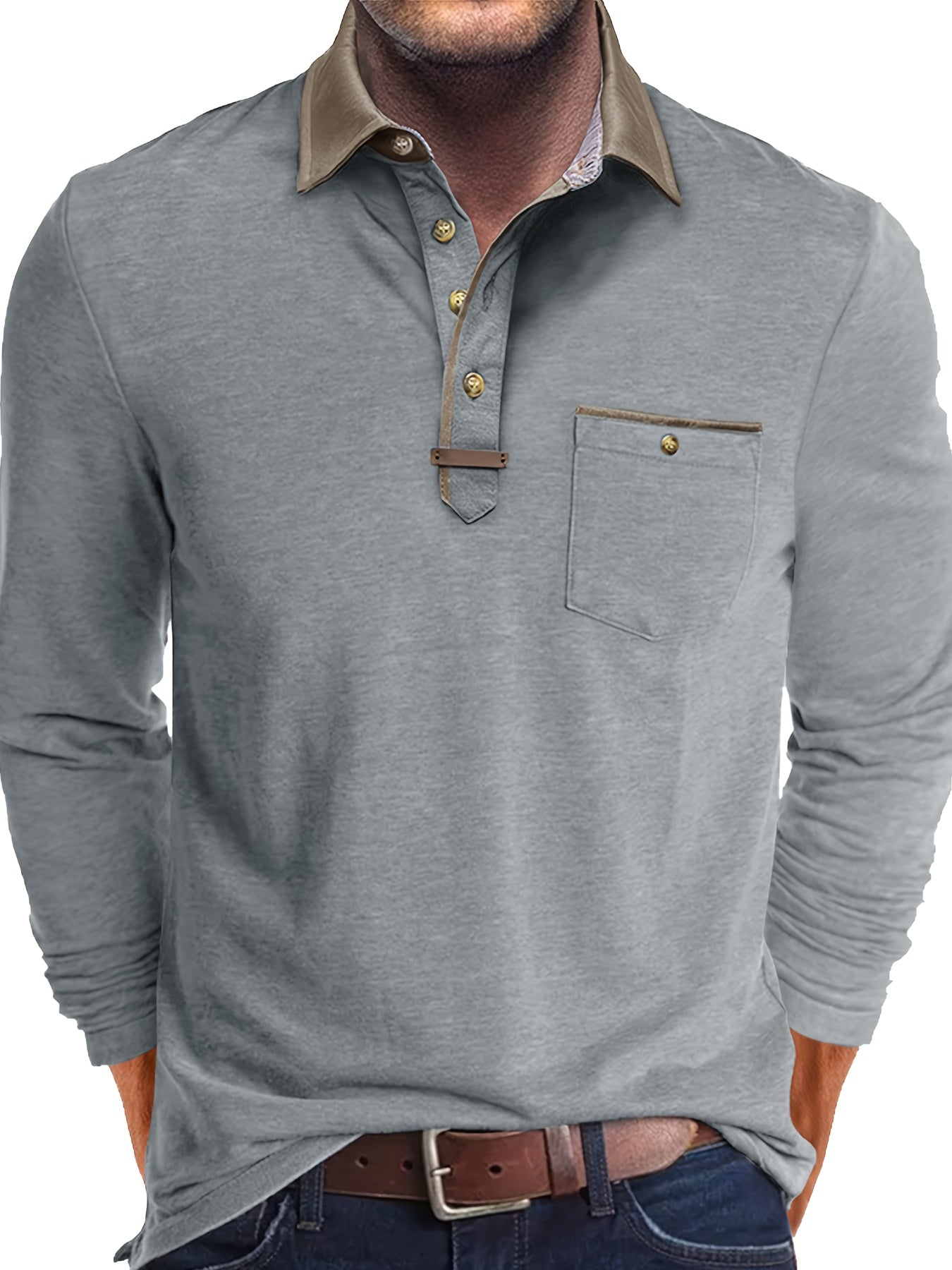 Paulo | Herenpolo met lange mouwen – Casual Henley met kleurblok kraag en borstzak