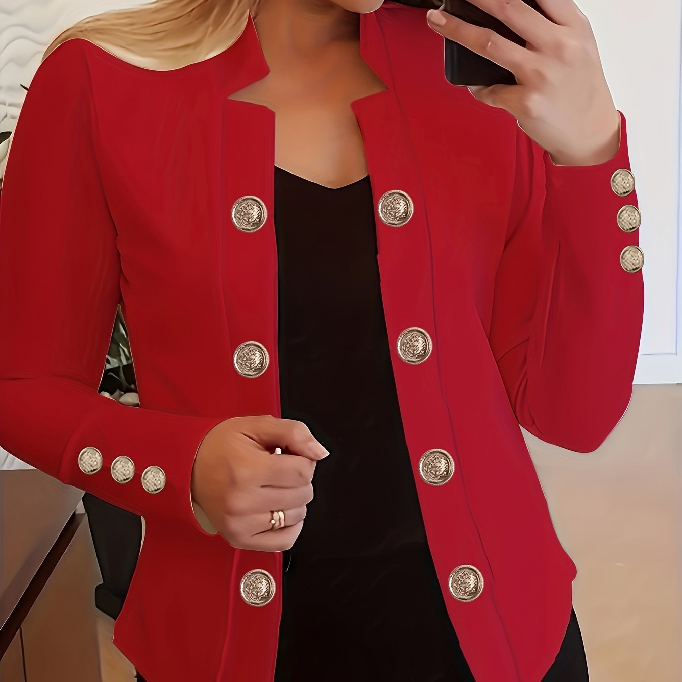 Enidra | Casual polyester jas voor dames – Manchetknopen en elegante knoopaccenten
