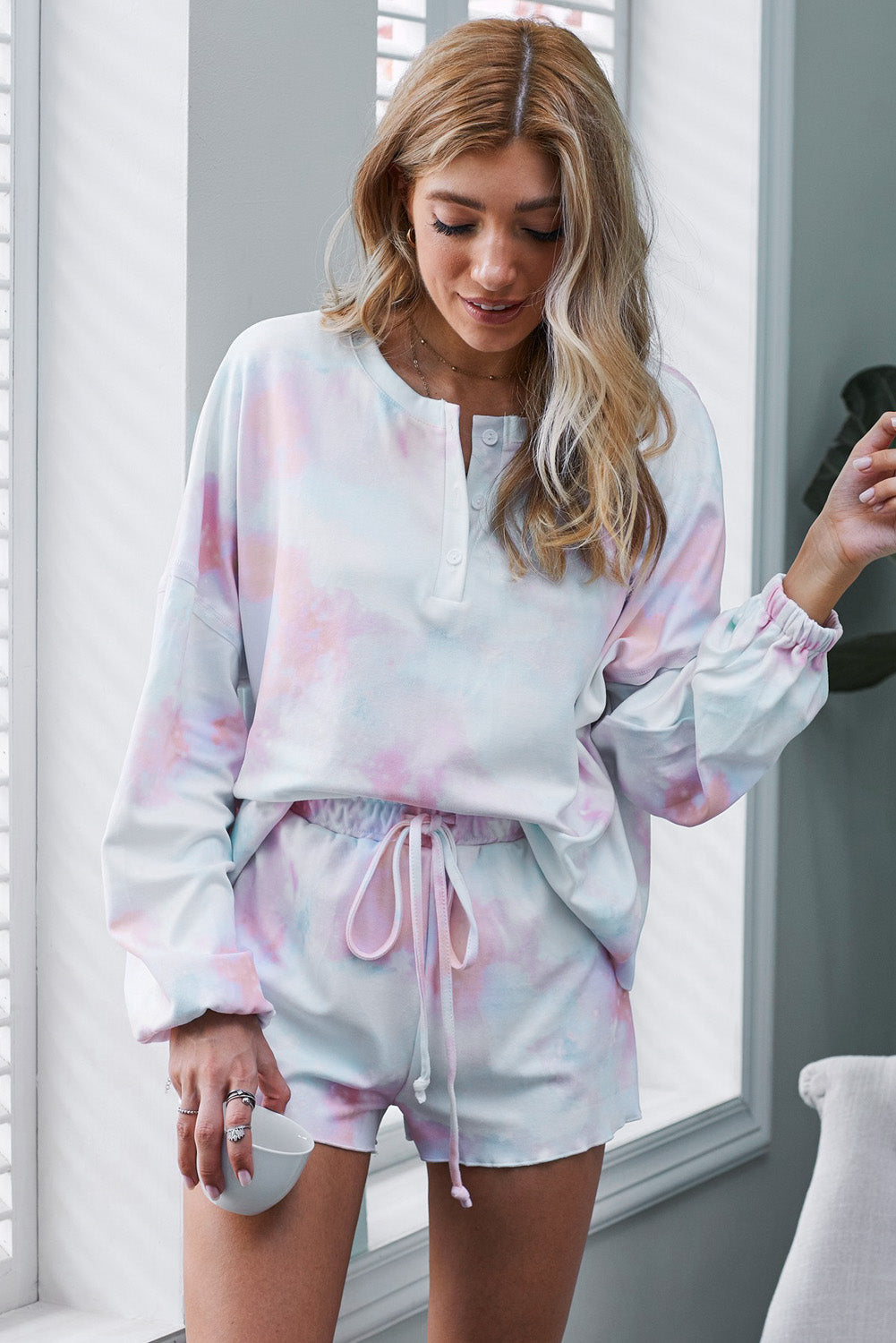 Noctra | Tie-dye lange mouwen & shorts - Zachte pyjamaset voor dames, casual loungewear