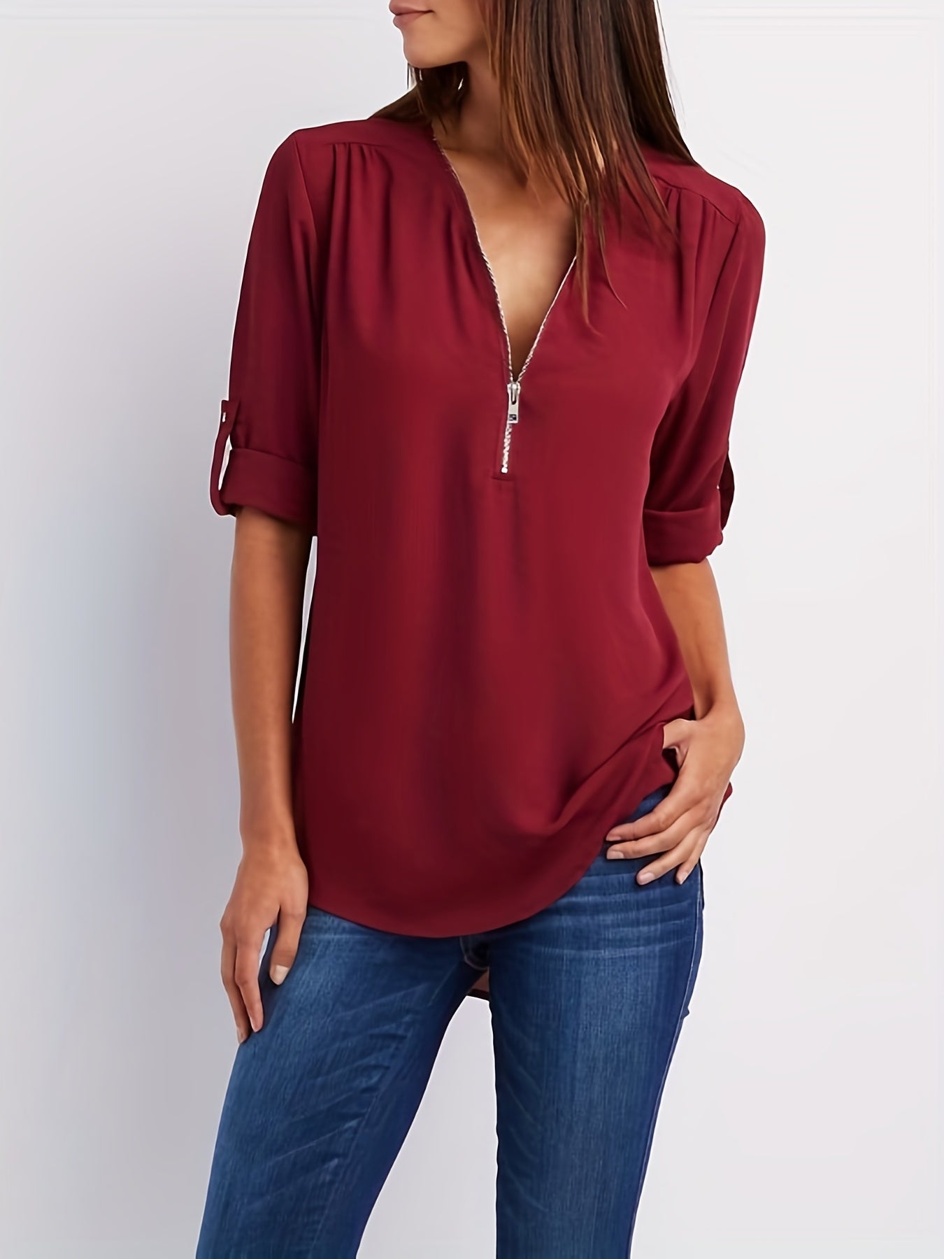 Xalina | Damesblouse met V-hals en halve rits - Casual Top