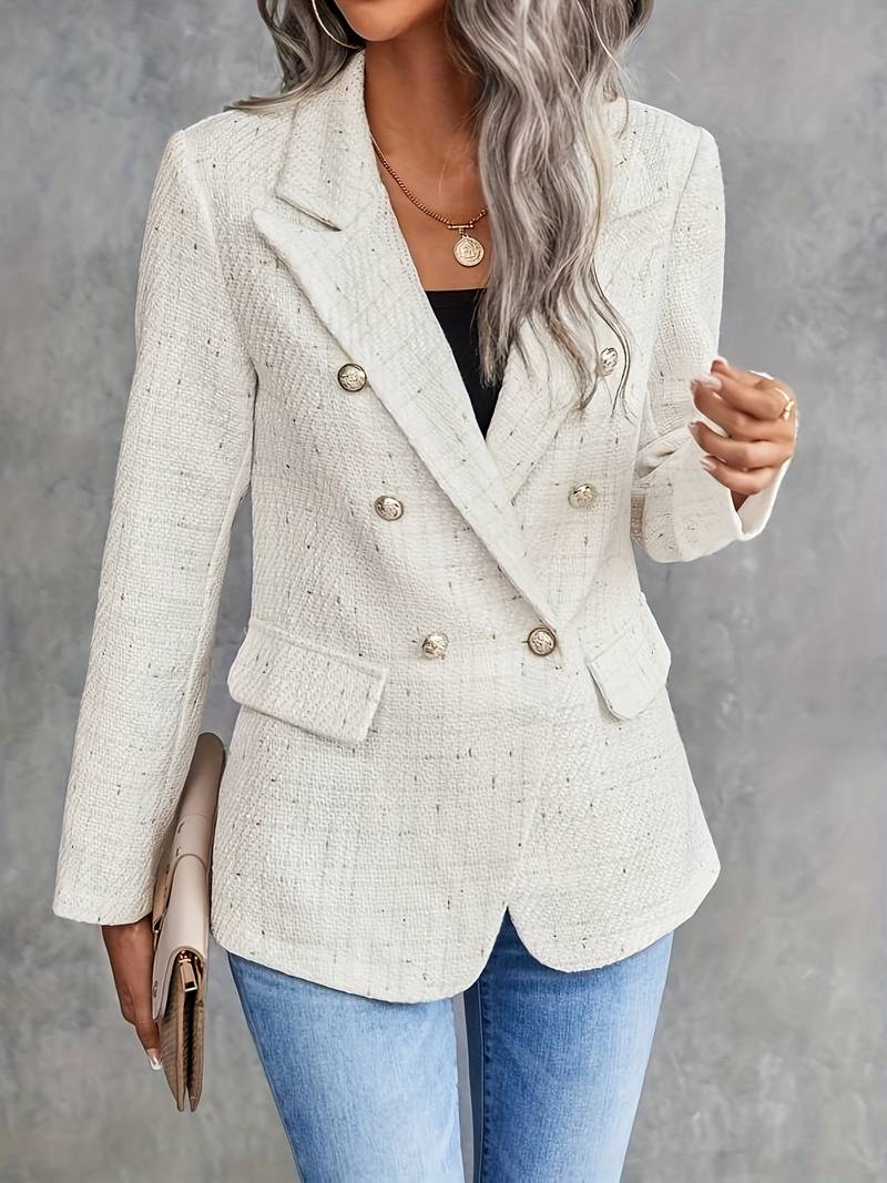 Virenelle |  Beige double-breasted blazer met textuur voor dames – gouden knopen, getailleerde pasvorm, elegante jas