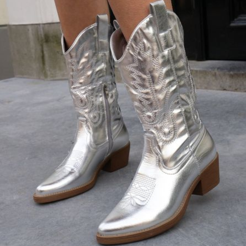 Stellara | Metalen cowboylaarzen voor dames, dikke zool, spitse neus, stijlvolle herfstschoenen