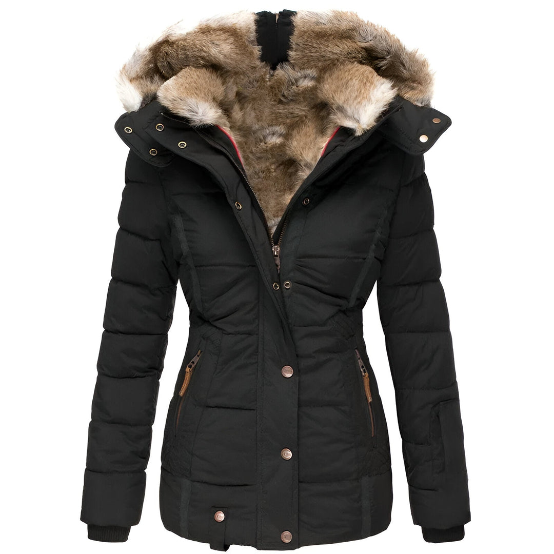 Dorte | Damespufferjas met capuchon en nepbont – Slim fit winterjas, warme gewatteerde bovenkleding