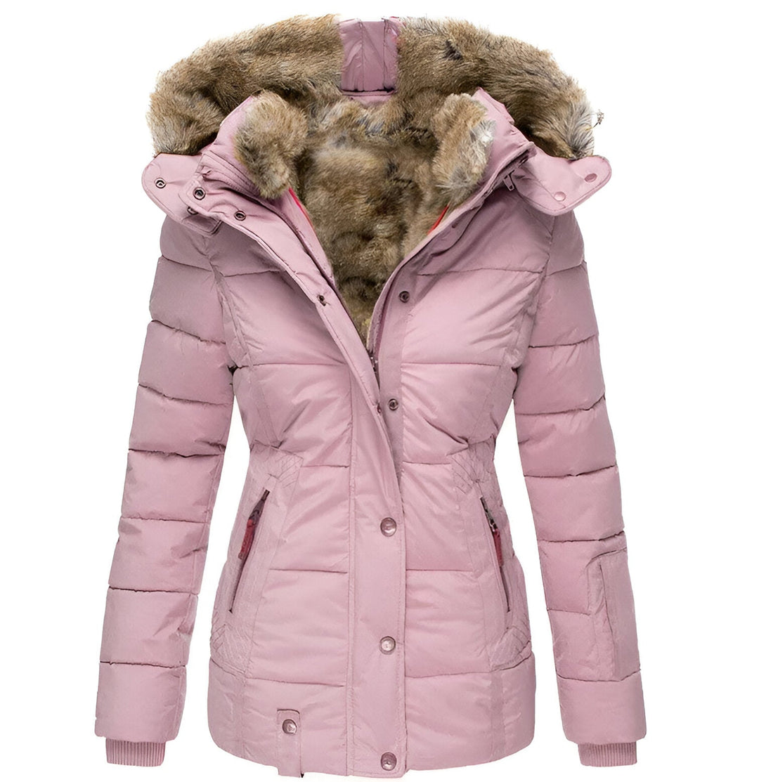 Dorte | Damespufferjas met capuchon en nepbont – Slim fit winterjas, warme gewatteerde bovenkleding