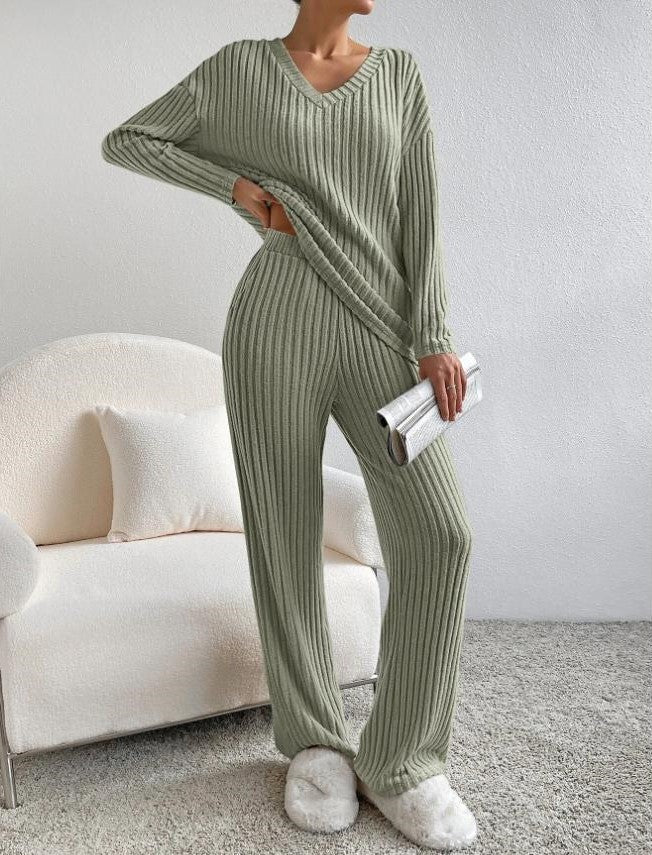 Loraina | Dames V-hals trui & broek loungewear set – Comfortabele gebreide 2-delige outfit