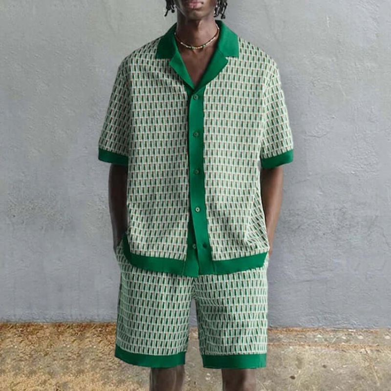 Thalric | Zomerset voor heren – Casual shirt met korte mouwen en korte broek, groene geometrische print