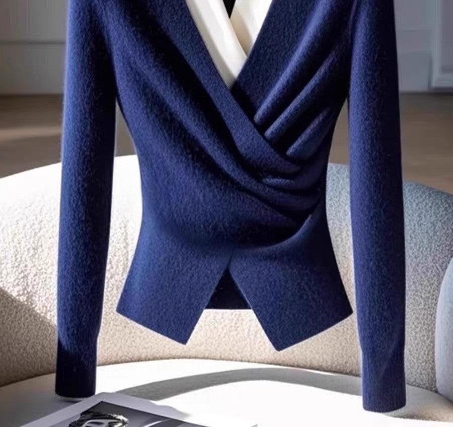 Coralia | Dames trui met V-hals en blauwe overslag – Comfortabele gebreide trui met lange mouwen