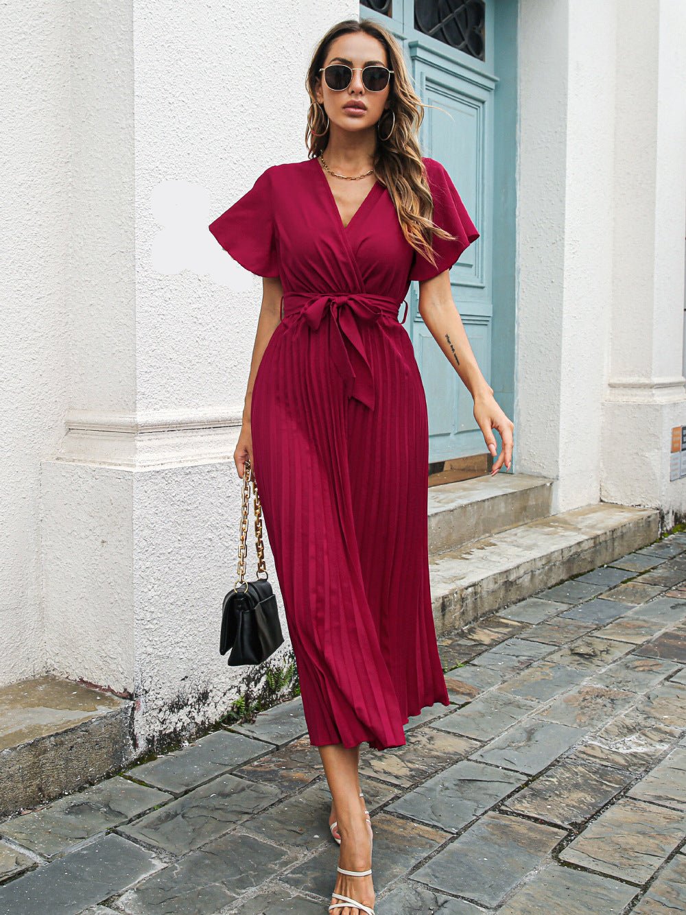 Sylvessa | Elegante wikkeljurk voor dames - geplooide rok, bindceintuur, V-hals