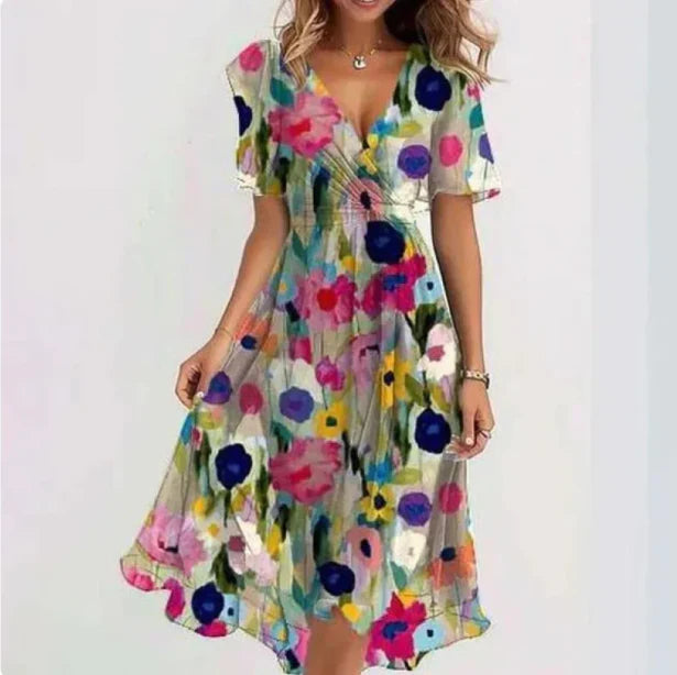 Aelora | Soepel vallende bedrukte chiffon midi-jurk voor dames - V-hals, korte mouw