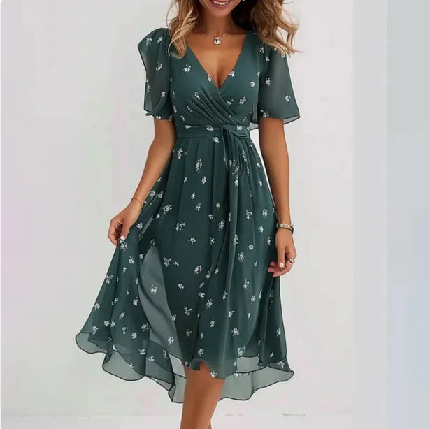 Aelora | Soepel vallende bedrukte chiffon midi-jurk voor dames - V-hals, korte mouw