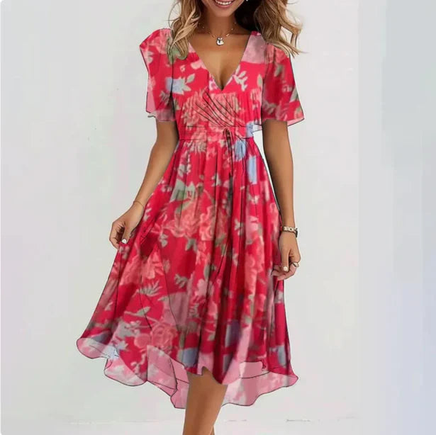Aelora | Soepel vallende bedrukte chiffon midi-jurk voor dames - V-hals, korte mouw