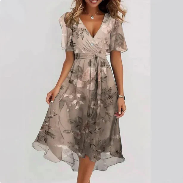 Aelora | Soepel vallende bedrukte chiffon midi-jurk voor dames - V-hals, korte mouw