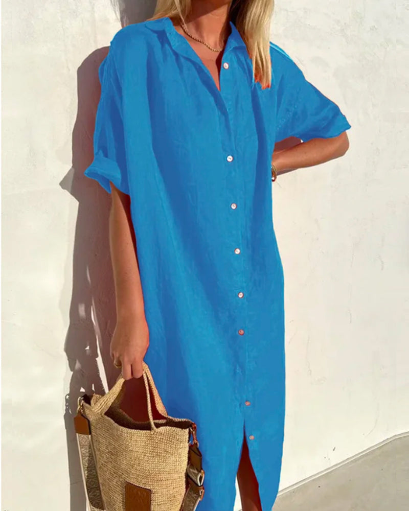 Carwyn | Linnen Blend Maxi Overhemdjurk - Breezy Zomerjurk met Knoopsluiting en Kraag