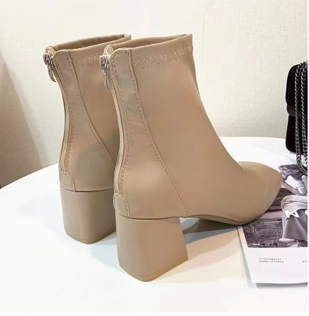 ElleStride | Elegante leren enkellaarzen voor dames, dikke hak, ritssluiting aan de achterkant, vierkante neus