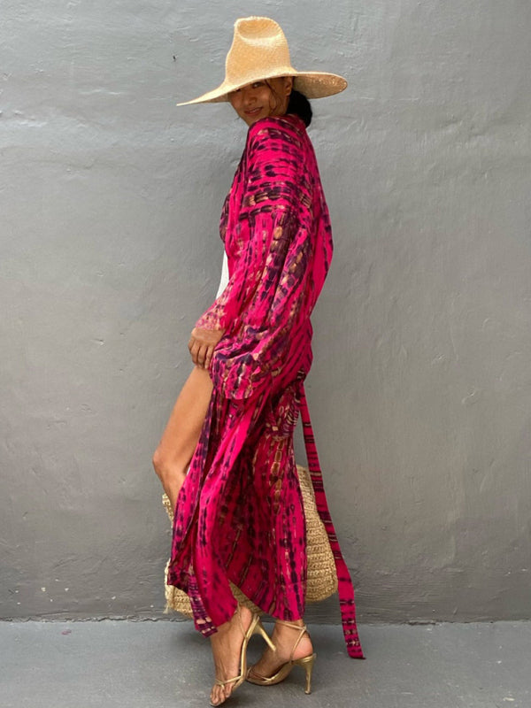 Aino | Boheemse lichtgewicht strandkimono - zomer gewaad, Tie-dye print