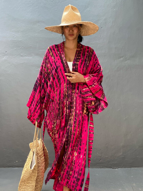 Aino | Boheemse lichtgewicht strandkimono - zomer gewaad, Tie-dye print