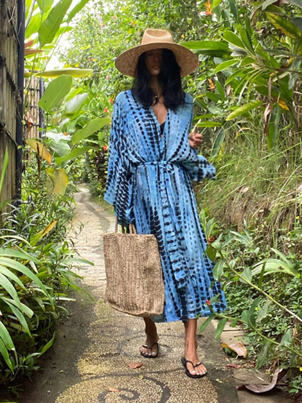 Aino | Boheemse lichtgewicht strandkimono - zomer gewaad, Tie-dye print