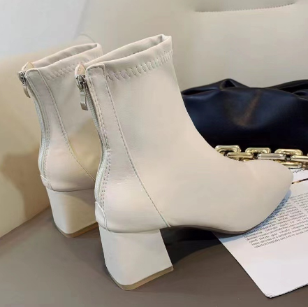 ElleStride | Elegante leren enkellaarzen voor dames, dikke hak, ritssluiting aan de achterkant, vierkante neus