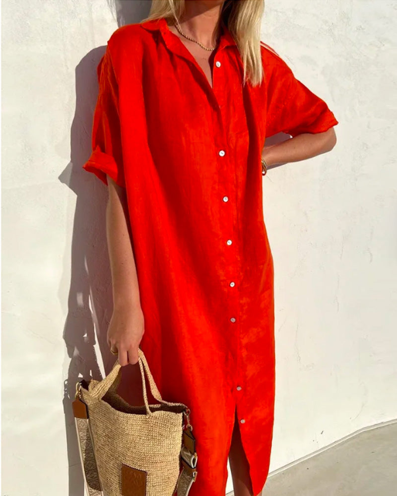 Carwyn | Linnen Blend Maxi Overhemdjurk - Breezy Zomerjurk met Knoopsluiting en Kraag