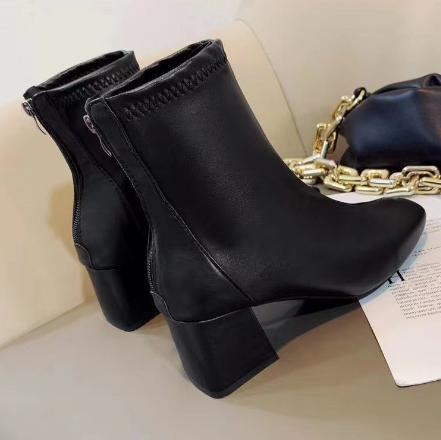 ElleStride | Elegante leren enkellaarzen voor dames, dikke hak, ritssluiting aan de achterkant, vierkante neus