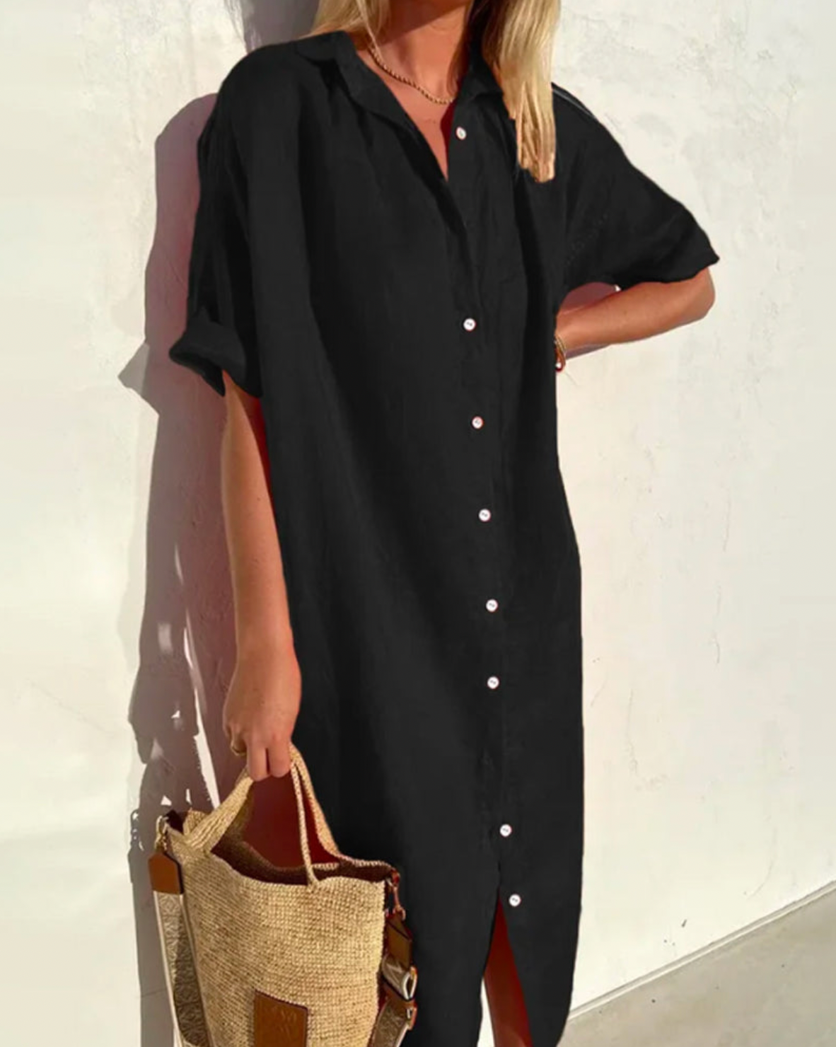 Carwyn | Linnen Blend Maxi Overhemdjurk - Breezy Zomerjurk met Knoopsluiting en Kraag