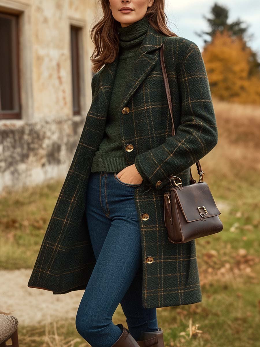 Zailah | Elegante vintage geruite wollen jas voor dames, knoopsluiting, warme winterjas