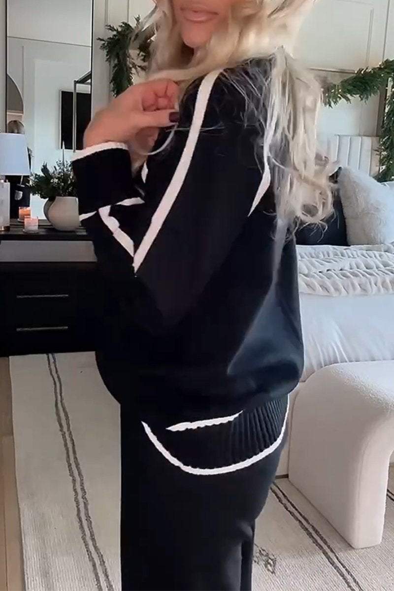 Larise | Dames gebreide tweedelige set – trui met ronde hals en wijde broek