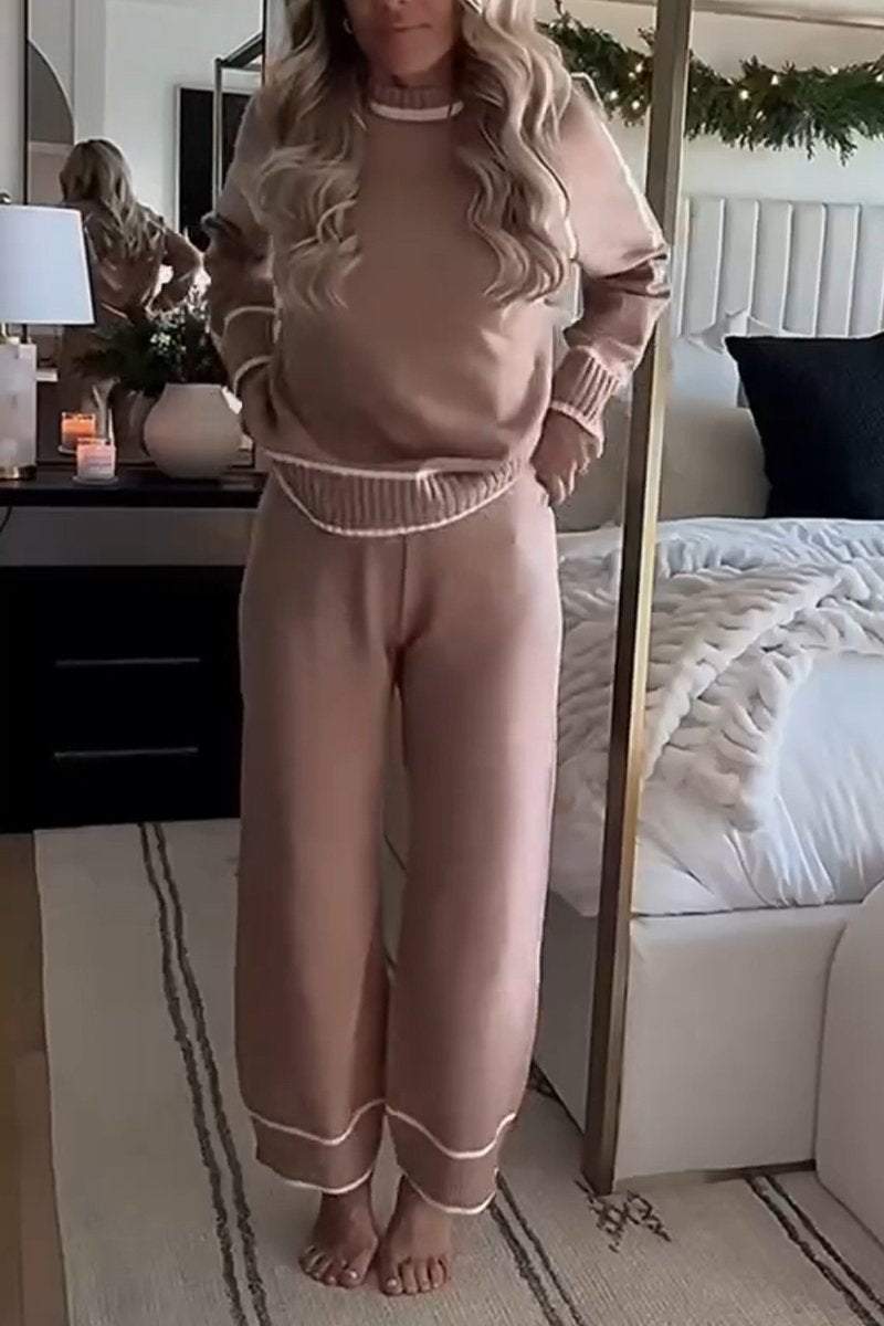 Larise | Dames gebreide tweedelige set – trui met ronde hals en wijde broek