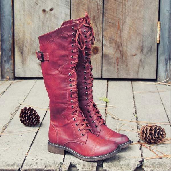 Naima | Kniehoge dameslaarzen in vintage leer - lace-up, orthopedisch comfort