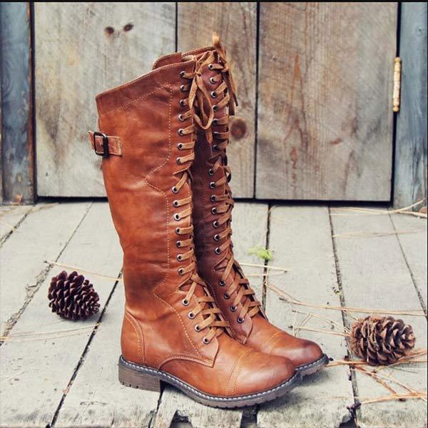 Naima | Kniehoge dameslaarzen in vintage leer - lace-up, orthopedisch comfort