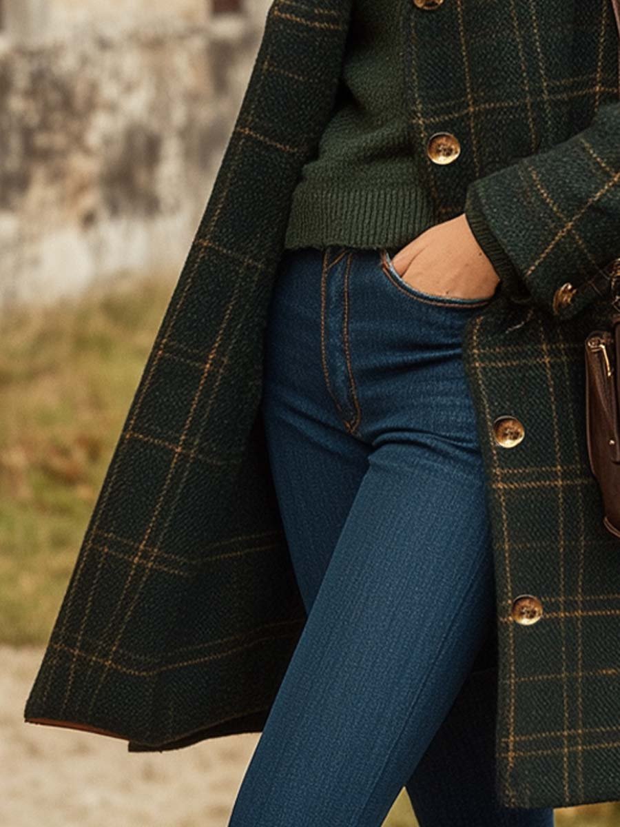 Zailah | Elegante vintage geruite wollen jas voor dames, knoopsluiting, warme winterjas