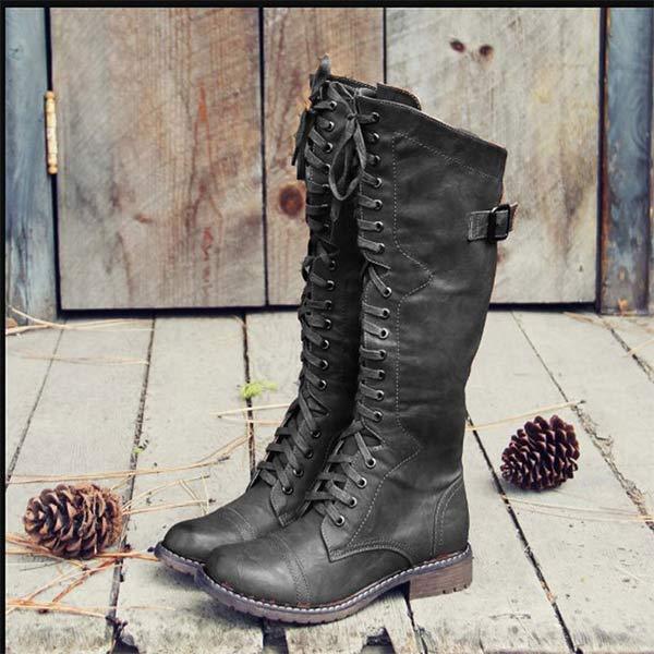 Naima | Kniehoge dameslaarzen in vintage leer - lace-up, orthopedisch comfort