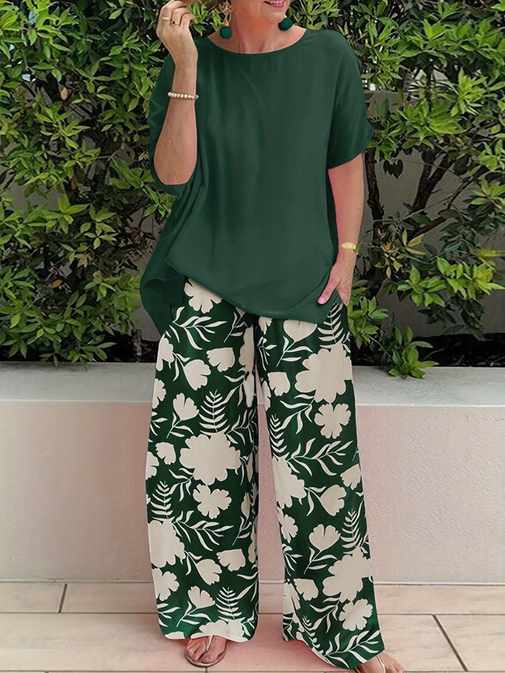 Jaryssa | Dames 2-delige set – effen top met korte mouwen en wijde broek met print, comfortabele casual outfit