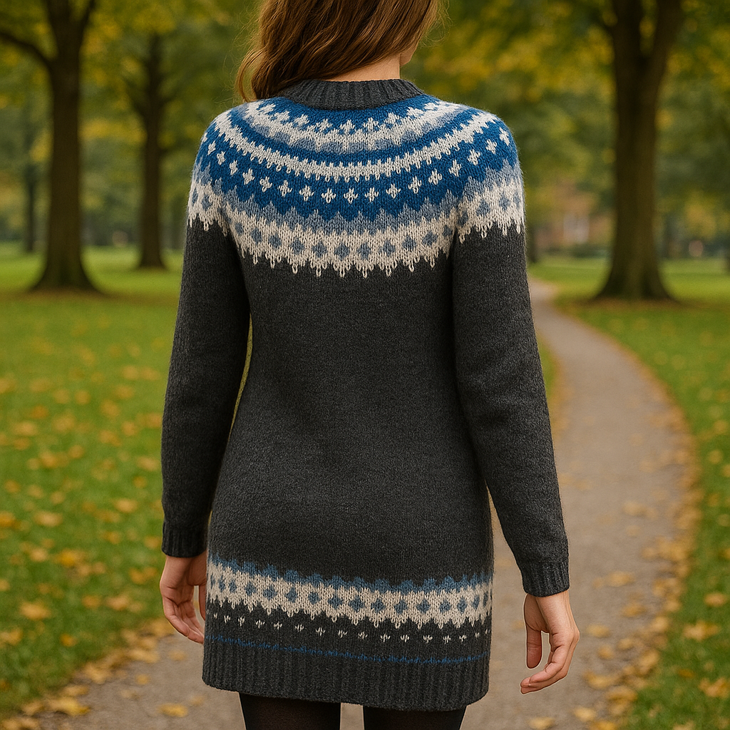 Ruzena | Dames gebreide lange winterjurk – Scandinavisch patroon, warm, comfortabel, casual mini-jurk