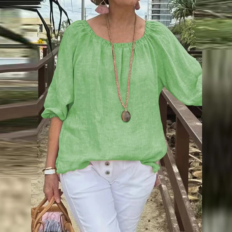 Betina | Dames Blouse van Katoen-Linnen – Casual Zomertop met Halflange Mouwen