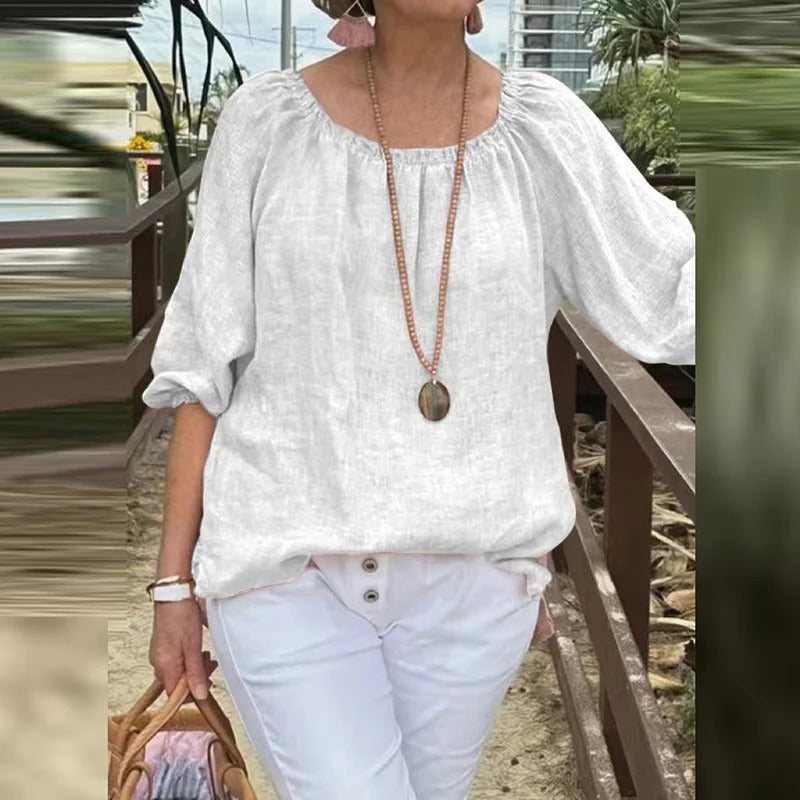 Betina | Dames Blouse van Katoen-Linnen – Casual Zomertop met Halflange Mouwen