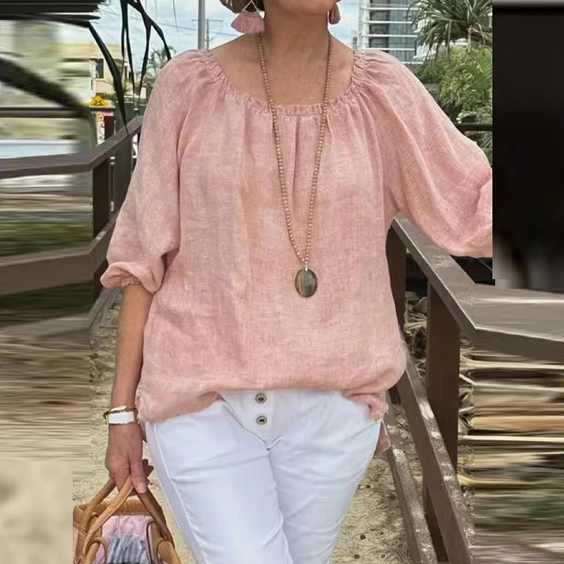 Betina | Dames Blouse van Katoen-Linnen – Casual Zomertop met Halflange Mouwen