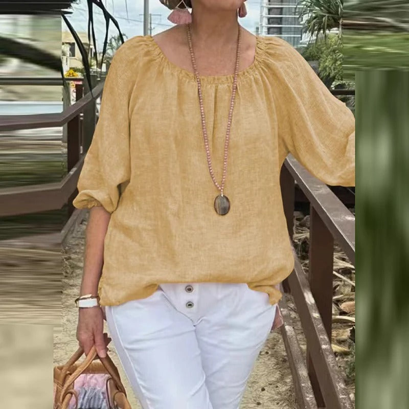 Betina | Dames Blouse van Katoen-Linnen – Casual Zomertop met Halflange Mouwen