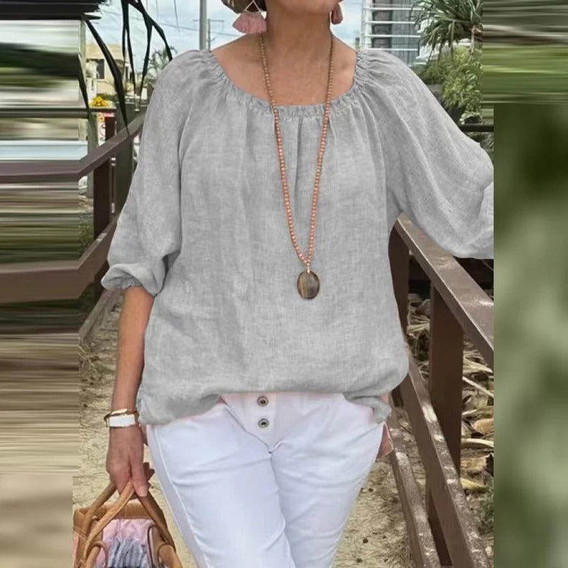 Betina | Dames Blouse van Katoen-Linnen – Casual Zomertop met Halflange Mouwen