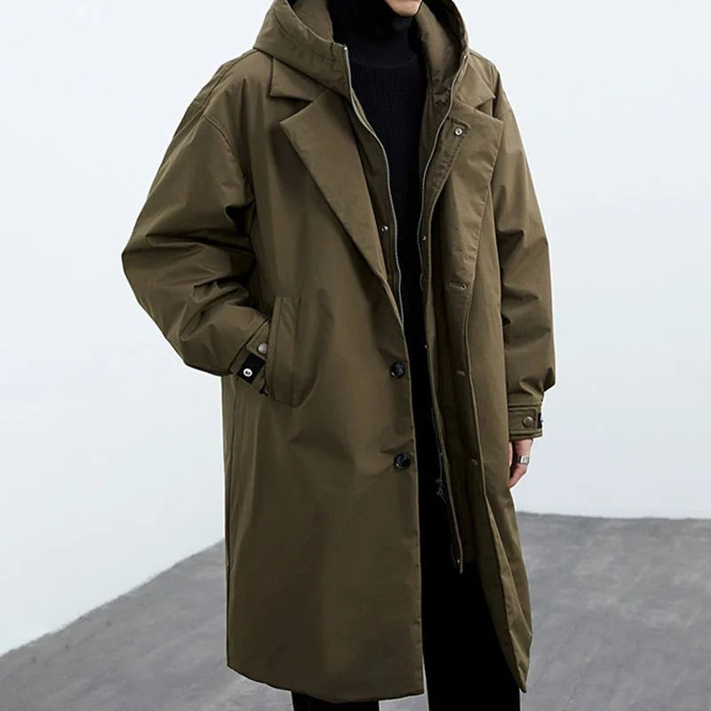 Vilgot | Heren Lange Waterdichte Puffer Trenchcoat met Capuchon – Warme Gevoerde Winterjas