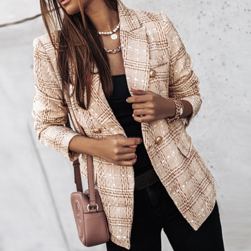 Ysabeline | Chique geruite tweedblazer voor dames – Elegant getailleerd jasje met gouden knopen