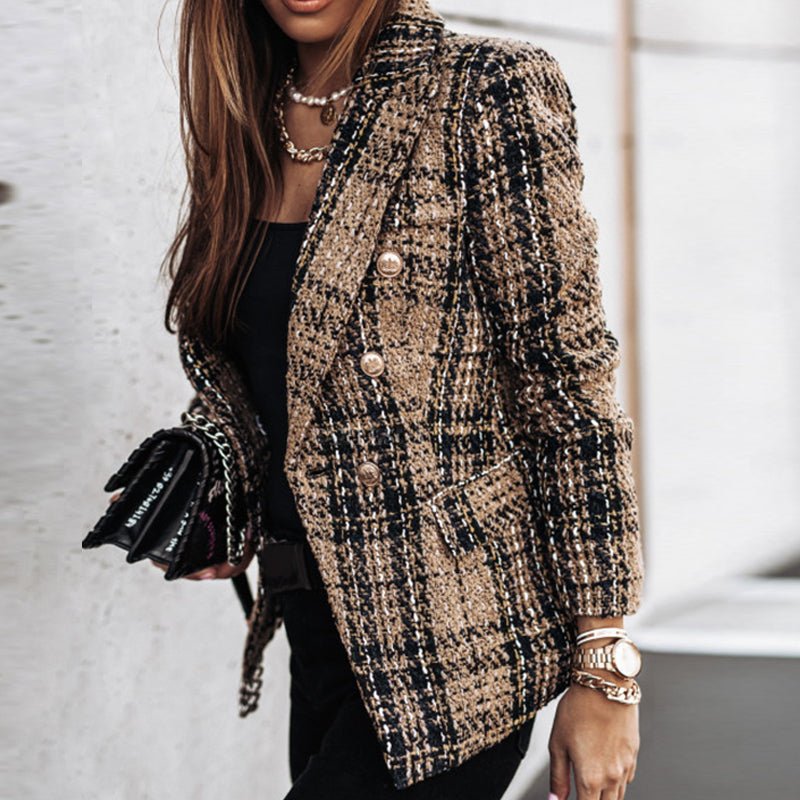 Ysabeline | Chique geruite tweedblazer voor dames – Elegant getailleerd jasje met gouden knopen