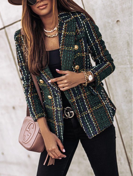 Ysabeline | Chique geruite tweedblazer voor dames – Elegant getailleerd jasje met gouden knopen