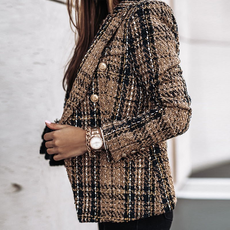 Ysabeline | Chique geruite tweedblazer voor dames – Elegant getailleerd jasje met gouden knopen